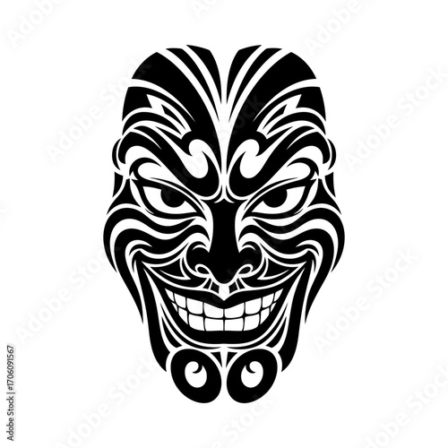 Tribal mask face tattoo art design evil grin silhouette vector illustration