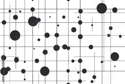 An abstract black and white design featuring a grid with various sized dots and lines.