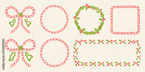 Whimsical hand drawn christmas decorative elements featuring candy cane bows holly wreaths and festive borders