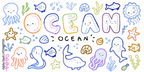 Cute hand drawn ocean theme illustration with whimsical sea creatures and text