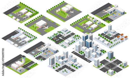 Set of isometric city and airport modules representing urban infrastructure