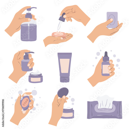 A collection of hands holding various personal care and hygiene products, including soap, lotions, serums, and wet wipes.