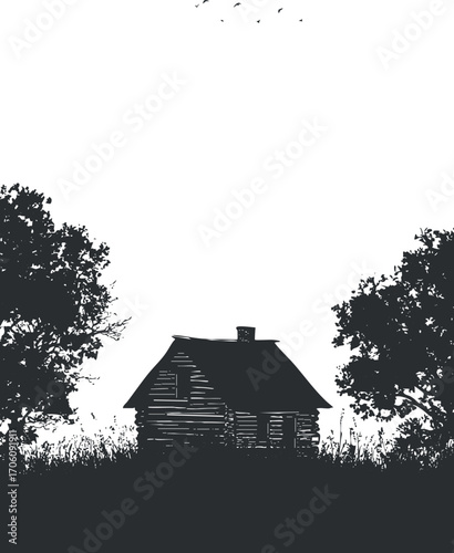 A silhouette of a rustic house surrounded by trees and birds in a tranquil landscape.