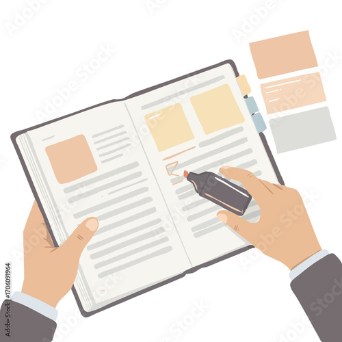 A person's hands holding an open book and marking text with a highlighter, with sticky notes in the background.
