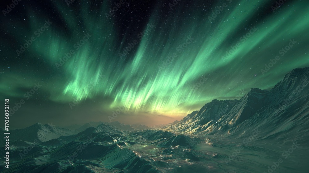 Naklejka premium Vibrant shades of green dance across the night sky as the northern lights reflect on a rugged, icy landscape. This breathtaking phenomenon showcases natures beauty in a serene setting.