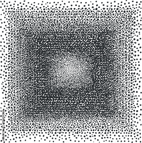 An abstract black and white pattern featuring scattered dots creating a textured design.