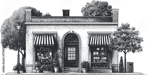 A vintage illustrated storefront with decorative windows and trees creating a charming urban scene.