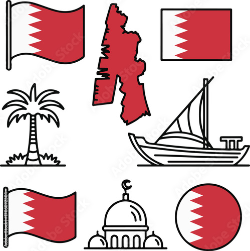 Hand-Drawn Bahrain Flag and Cultural Vector Icon Pack with Island Map, Palm Tree, Dhow Boat, Mosque Dome, and National Symbols