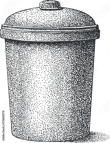 A vintage sketch of a round metal trash bin with a lid for waste disposal.