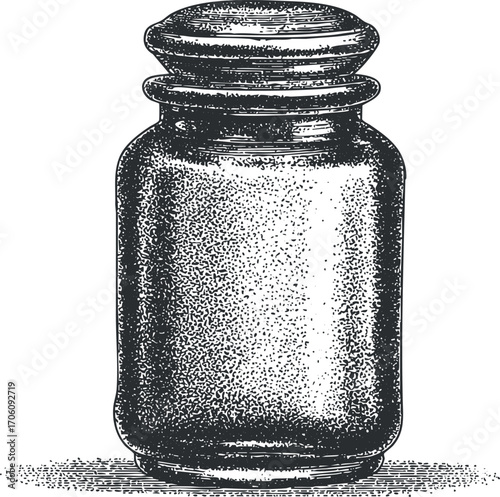 A vintage glass jar with a round cap, perfect for storage or decorative purposes.