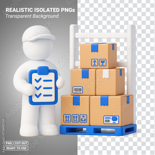 3D Warehouse Worker with Checklist and Pallet of Boxes Transparent PNG file ready to be used.