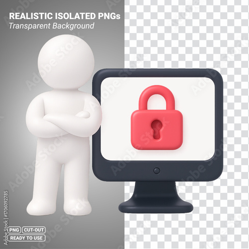 3D Cybersecurity Lock on Computer with User Transparent PNG file ready to be used.