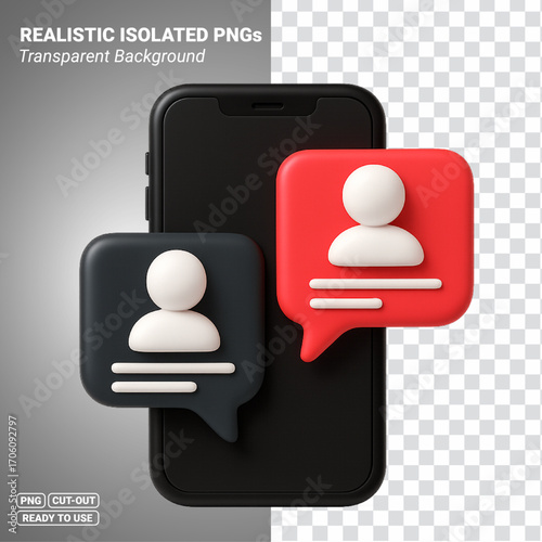 3D Smartphone with Chat Bubbles and User Profile Icons Transparent PNG file ready to be used.