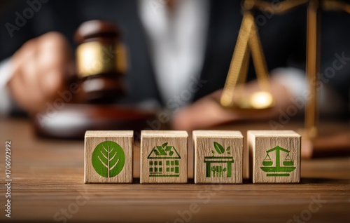 Justice concepts depicted on wooden cubes a tree, house, factory and scales. Gavel in hand and balance scales in the background