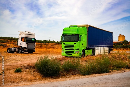 Camión con tráiler aparcado en medio del campo.