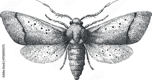 Detailed illustration of a moth showcasing its intricate wing patterns and anatomy.