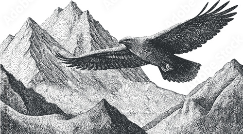 An intricate illustration of an eagle soaring over majestic mountains in detailed black and white.