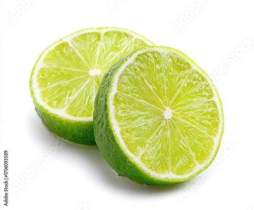 Two halves of a bright green lime with juicy segments and textured peel are placed side-by-side against a clean, white background