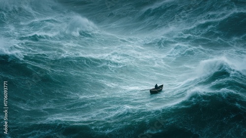 A small boat navigates through tumultuous waves in a stormy ocean. The turbulent waters crash around the vessel as dark clouds loom overhead, creating a dramatic scene of survival.