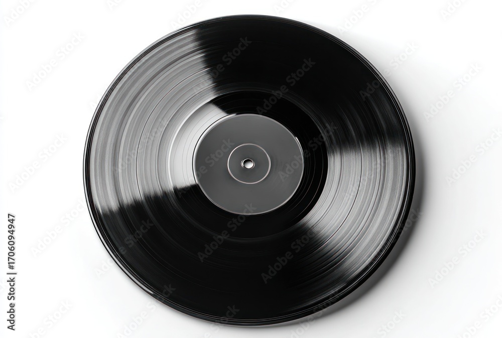 Obraz premium A sleek, glossy black vinyl record spins, its grooves reflecting light, centered against a bright white background. Simplicity and nostalgia captured
