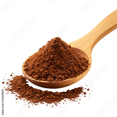 a wooden spoon filled with cocoa powder on transparent background