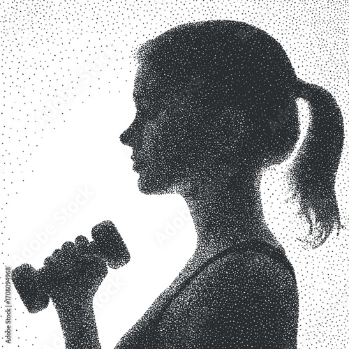 Silhouette of a woman lifting a dumbbell representing fitness and strength training.