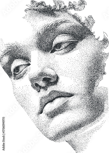 A detailed black and white portrait showcasing intricate line work and expressive features.