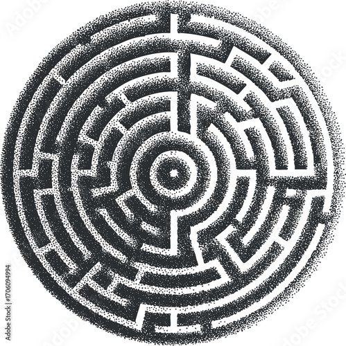 An intricate circular maze design featuring complex pathways and patterns for visual exploration.