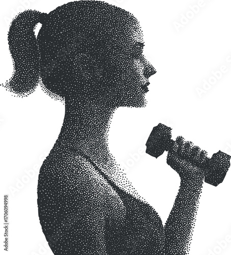 Silhouette of a woman lifting a dumbbell in a strong fitness pose emphasizing strength and health.