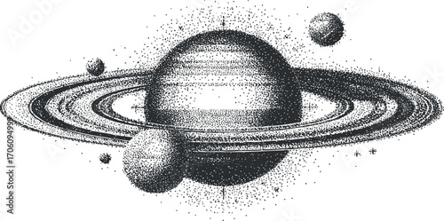 An artistic illustration of Saturn with rings and surrounding planets in a cosmic setting.
