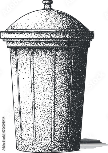 A vintage illustration of a metal trash bin designed for waste disposal and recycling.