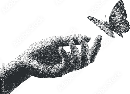 An artistic illustration of a hand reaching out to a butterfly symbolizing freedom and transformation.