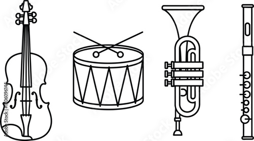Musical Instruments Set | Linear Style Illustration | Black and White Vector.