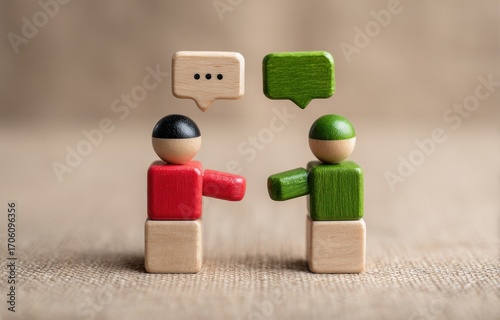 Two wooden figures in red and green converse, with speech bubbles above, set against a textured neutral backdrop, depicting communication