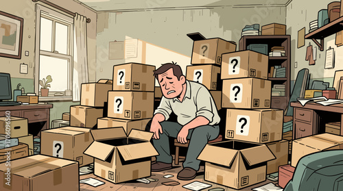 Shocked Man Surrounded by Mystery Boxes. Cartoon character with confused face in a room full of blind packages. Blind box overload, surprise concept, consumerism