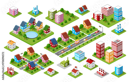 Colorful isometric city buildings and houses set with cars moving on road