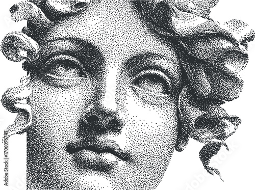 Detailed portrait of a classical sculpture with curly hair and expressive features.