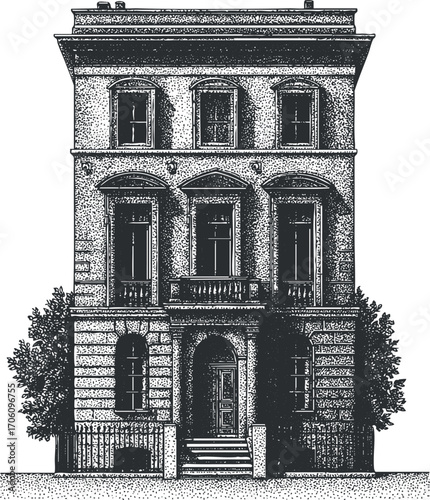 Vintage illustration of a classic architectural building with intricate details and a historic design.