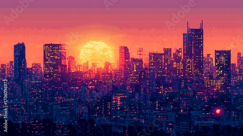 A vibrant 8-bit pixel art city skyline at sunset, featuring glowing windows in retro video game style, viewed with ultra-detailed realism.