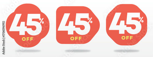 45% off, offer, tag, sticker, discount, business, sale, promo, retail, price, shop, store, campaign, percent, liquidation, design, sign. Vector, set, icon
