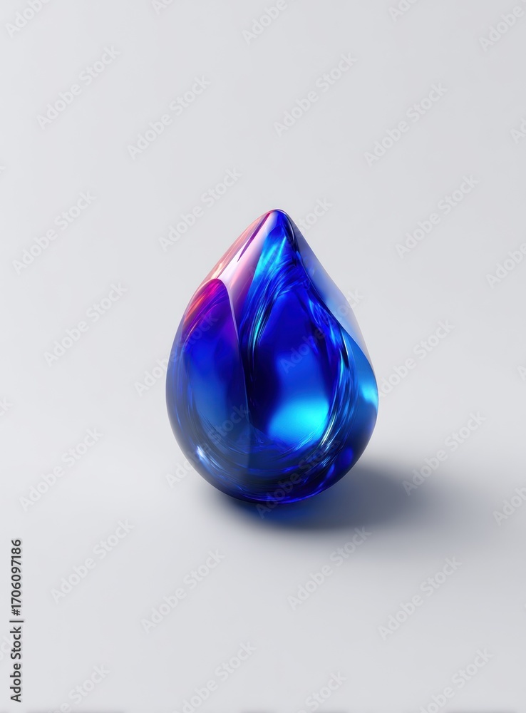 Fototapeta premium Shiny, iridescent blue drop with vibrant purple hues sits on a soft white background, catching and reflecting light in a visually appealing way