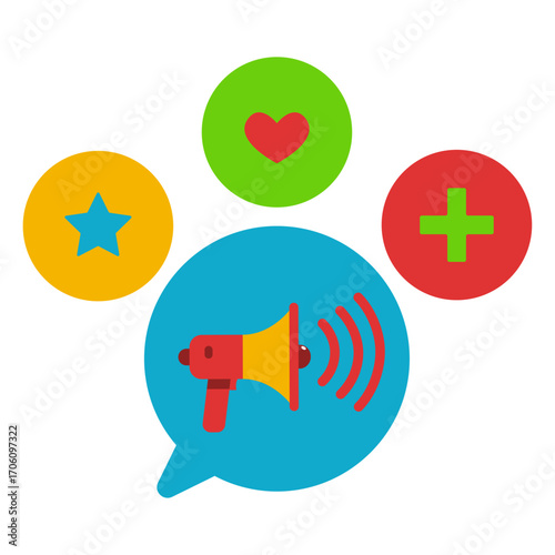 Social media marketing icon set, megaphone, like, plus, and star symbols