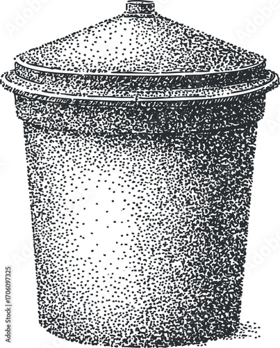 A vintage illustration of a round garbage bin with a closed lid for waste disposal.