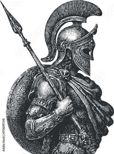 Detailed illustration of an ancient Greek warrior wearing a helmet and holding a spear and shield.