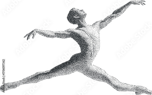 A dynamic dancer captured in mid-leap, showcasing grace and athleticism in a ballet performance.