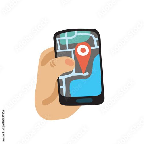 Illustration of a hand holding a smartphone with a GPS map application for navigation