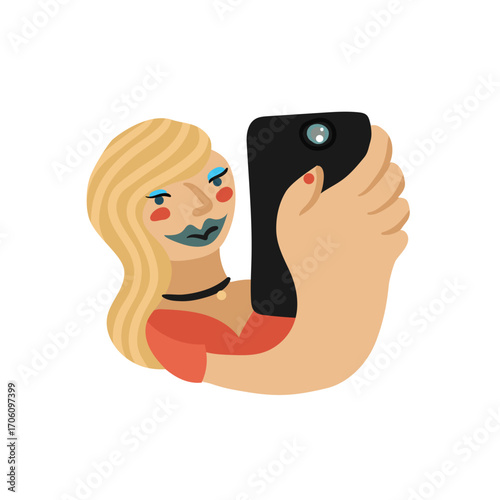 Modern cartoon woman with vibrant makeup capturing a perfect selfie