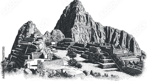 Historic illustration of Machu Picchu showcasing its ancient Incan architecture and mountainous landscape.