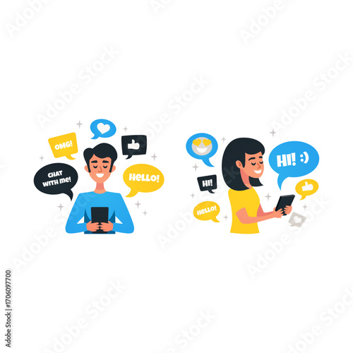 Diverse People Messaging Online with Speech Bubbles and Devices
