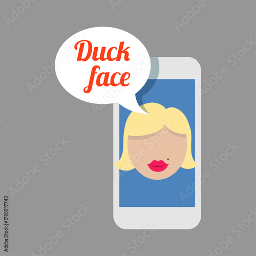 A modern illustration representing the social media trend of taking a duck face selfie on a smartphone